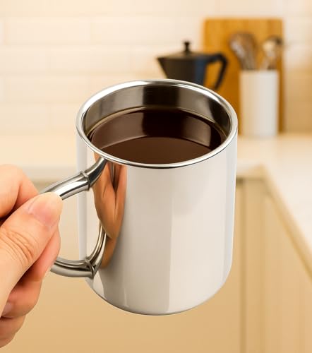 Image of Stainless Steel Coffee Mug Set of 2 | Tea Cups & Coffee Mugs 200 ml | Double wall Hot and Cold Drinks Mugs with Handle | Unbreakable Rust Proof Steel