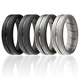 ROQ Silicone Rings, Breathable Silicone Rubber Wedding Ring Band for Men with Comfort-Fit Design, 8mm Engraved Middle Line, 4 Pack, Silicone Wedding Ring - Black, Grey, Silver Colors - Size 9