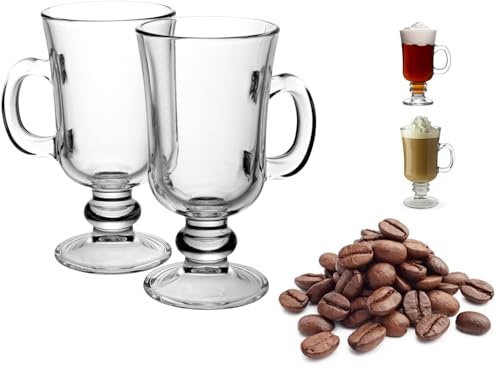 AVC HOME Irish Glass Coffee Mugs, Clear Irish Coffee Cups with Handle, Footed, Latte Cups, Set of 2, Clear Glass Mugs for Hot Beverages, Cappuccino, Latte, Ice Cream, Cocoa (Clear 7.5 oz), STANDART