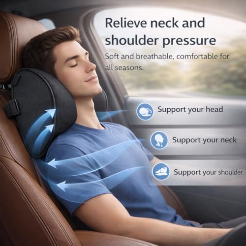Generisch 2-Pack Auto Nackenkissen, Weichheit Auto Kopfstütze Kissen zum Fahren mit verstellbarem Riemen, 100% Memory Foam und atmungsaktiver Abnehmbarer Abdeckung (Black)