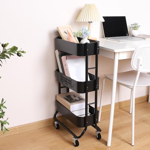 Image of MAX Houser Slim 3-Tier Rolling Utility Cart with Extra Hook, Black | Narrow Metal Bathroom Storage Multifunctional Organizer Carts with Wheels with Extra Hook, Laundry Room,Kitchen,Small Space