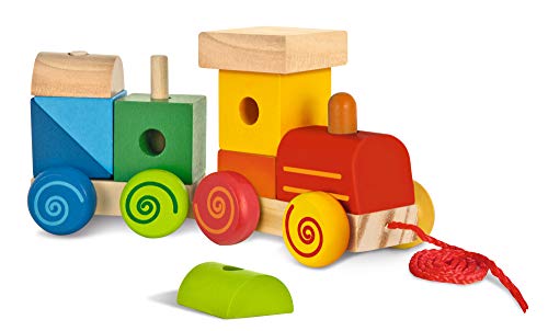 Eichhorn 100003453 Lok mit Sound, Anhänger mit Bausteinen, 17cm lang, Birke und Kiefernholz, WB, Try me,1J+, bunt