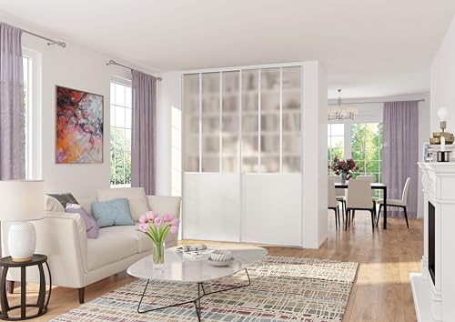OPTIMUM Kit de 2 Portes de Placard coulissantes, Hauteur 250 cm, Largeur Totale 180 cm, décor Atelier, Verre dépoli Blanc, profils et Rails Blanc Inclus