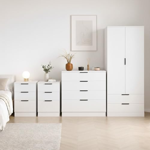 Image of Vida Designs Trega 4 Piece Bedroom Set (3 Drawer Bedside Chest x2, 4 Drawer Chest, 2 Door 2 Drawer Wardrobe) White