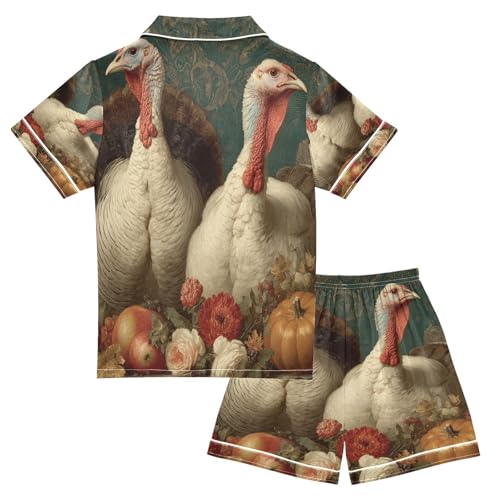 Satin Pajama Sets Short Sleeve Two Turkeys Thanksgiving Button Down Silky Nightwear 2 Piece PJS 5-14Y2