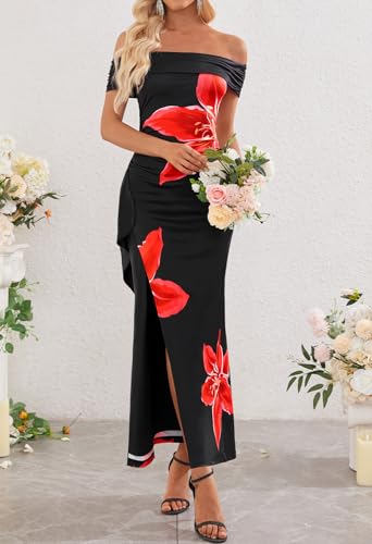 Image of MEROKEETY Women's Floral Off Shoulder Maxi Dresses 2026 Summer High Split Cocktail Wedding Guest Dress
