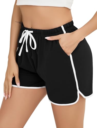 Vlazom Pantalones Cortos Deportivos para Mujer Pantalón Corto de Chándal para Mujer Pantalón Corto de Yoga Jogging con Cintura y Cordón de Ajuste(S,Negro)