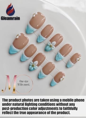 Gleamrain Almond Medium Handmade Press on Nails for Women, Handcrafted Floral Design Nude Base Blue French Tip Reusable Full Cover Fake Nail for Daily Wear Party Birthday D303 — view 2