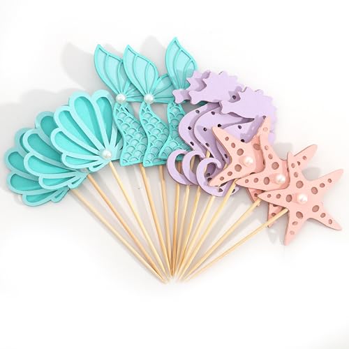 Mermaid Cupcake Toppers - Mermaid Birthday Party Decorations, Under The Sea Party Decor, Ocean Theme Cake Toppers For Girls, Purple And Pink Baby Shower Decors
