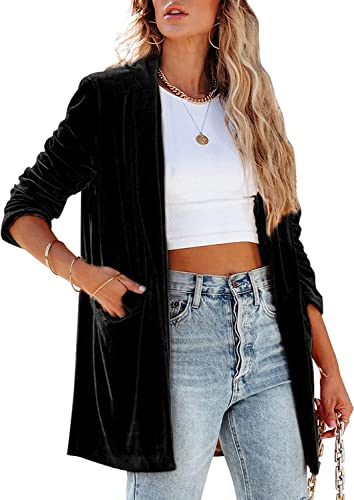 Lazutom Chaqueta de terciopelo para mujer, de manga larga, con frente abierto, para exteriores, para oficina, Negro, XL