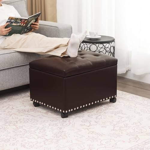 Image of Joveco Leather Storage Ottoman with 360 Caster Wheels 24 inch Foot Rest Bench Rectangle Ottomans Stool for Living Room Bedroom (Brown, Wheels)
