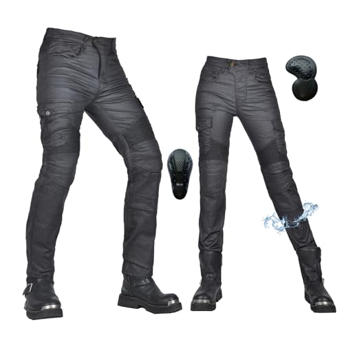 Pantalon Moto Hombre/Mujer, Revestimiento Impermeable-Pantalon Vaquero Moto con Protecciones, Invierno/Verano-Pantalones Moto Elásticos (Negro-B,L)