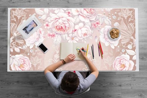 Couverture de bureau 120x60 cm en vinyle PVC motif roses blanches