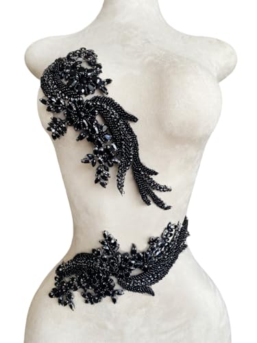 1 Pair Handmade Beaded Crystal Patches Bodice Lace DIY Applique Patches Accessory for Dress Clothes 35X12cm (Black)