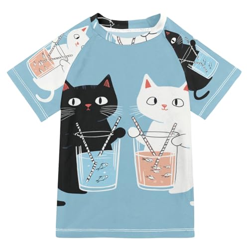 Jucciaco Boys Swing Shirts Cute Cat Fish Cartoon Rashguard Short Sleeve Kids T-Shirts Sun UPF 50+ Multicoloured