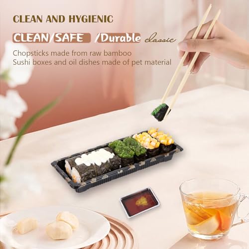 Sbirdbao Disposable Dinnerware Set for 50pcs Sushi Trays Containers with Lids 8.6 x 3.6 Inch Disposable Sushi Take Out Boxes, 50 Pairs Japanese Bamboo Chopsticks, 100pcs Soy Sauce Dishes