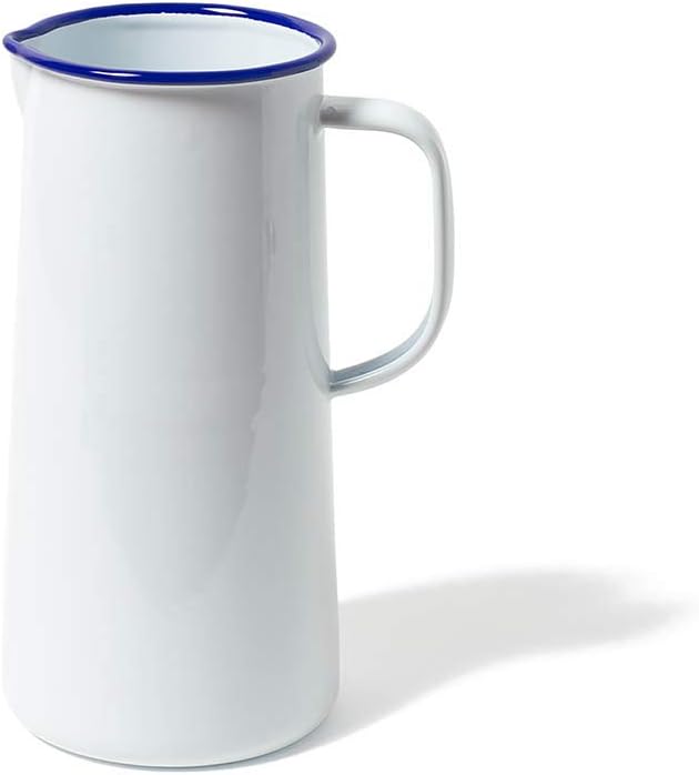 Falcon Enamelware Pitcher (57 oz), Metal Pitcher with Spout & Handle, Jug for Iced Tea, Water, Milk or Flower Vase, Dishwasher Safe, Oven Safe & Freezer Friendly (White with Blue Rim)