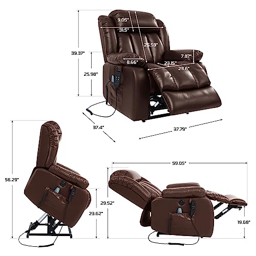 Kimohome Infinite Position Dual Motor Large Power Lift Recliner Chair For Elderly, Lay Flat Sleeping Recliner Chair With Massage And Heating, Breathable Leather(Brown) #TOP4