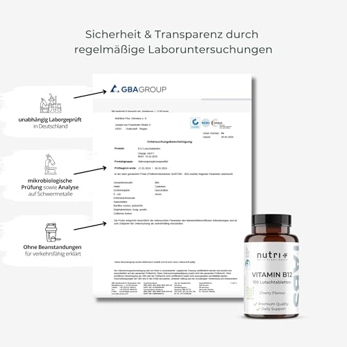 Nutri + Vitamin B12 Lutschtabletten 500µg (mcg) vegan & hochdosiert - aktives Methylcobalamin - 100 vegane Tabletten zum Lutschen - Geschmack Kirsche