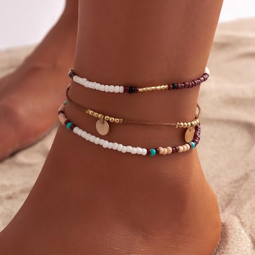 Image of Qceasiy Bead Ankle Bracelets Set For Women, Adjustable Boho Shell Anklet, Hawaiian Beach Seashell Pearl Disc Starfish Conch Foot Jewelry, Summer Fashion Gifts(Disc Bead 3Pcs)