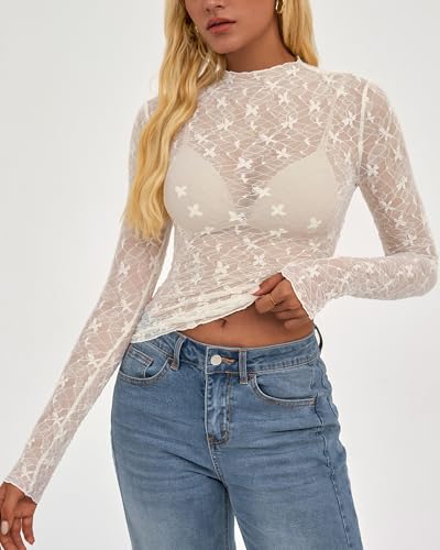 BTFBM Mesh Lace Long Sleeve Tops for Women 2026 Fall,White,S - image 3
