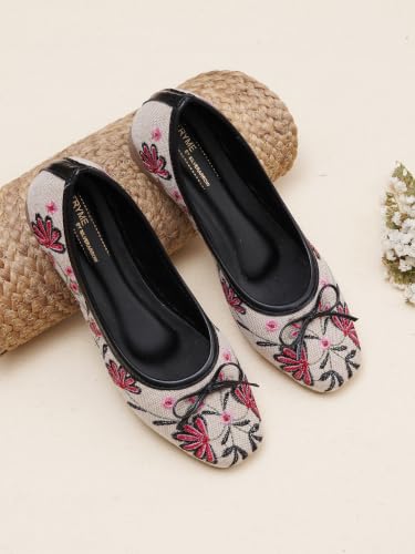 Image of TRYME Floral Embroidered Bow Ballerina Shoes for Women | Lightweight Slip-On Belly Flats | Soft Sole Comfortable Casual Footwear