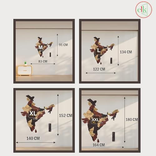 Image of Elk Wooden 3D India Map Wall Decor With All State Names and Capital Cities, Perfect Home Office Wall Decor for Travel Enthusiasts | Size : XXL(180x164 CM)
