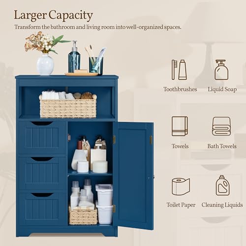 Yaheetech Bathroom Floor Cabinet, Free Standing Wooden Storage Organizer Multiple Tiers Storage Living Room Cabinet, Navy Blue