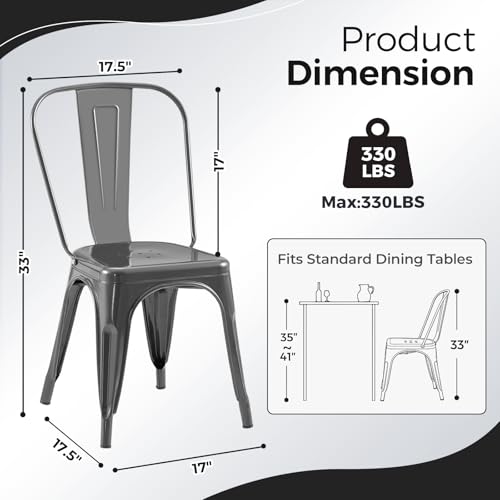 Image of Metal Dining Chairs with Backrest, Stackable, Grey, 4 Pack | Easy Assembly, Non-Slip Feet, 330 lb Capacity, Kitchen, Restaurant, Cafe, Pub, Covered Patio