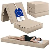 Bellamio Lomme Premium Klappmatratze Beige – Gästematratze klappbar, extra hoch 15 cm – Faltmatratze 75x195 cm – Reisematratze waschbar – Faltbare Matratze mit Tragegriffen – Bandscheibenwürfel