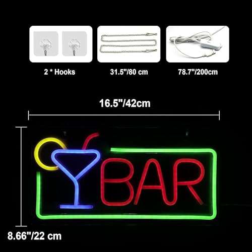 JEMESI Neon Bar Sign, USB Powered Bar Neon Sign, Bright Bar Neon Light Sign with Hanging Chain, Led Signs for Home Pub Party - Image 3
