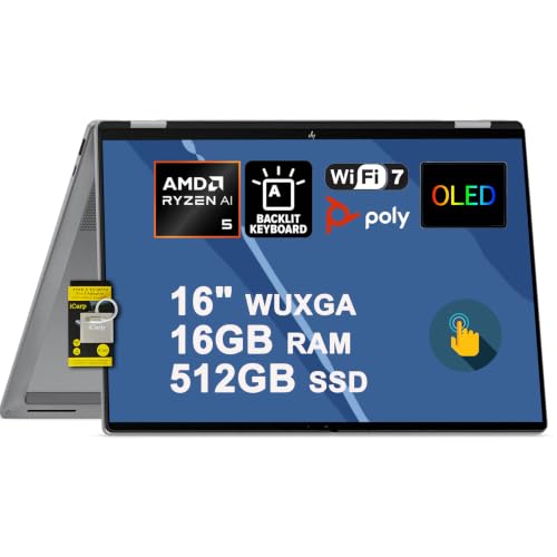 Image of HP OmniBook X Flip 16 2-in-1 Laptop 16 inch WUXGA OLED Touchscreen 100% DCI-P3 AMD Ryzen AI 5 430 (Up to 50 TOPS) 16GB RAM 512GB SSD Backlit Wi-Fi7 For Creator Designer Business Professional Win11 ICP Acc