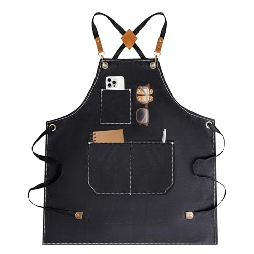 YELEGAI Aprons For Women Men With Large Pockets, Waterproof Cotton Chef Aprons For Cooking Server Grilling Bbq Kitchen Gardening (1, Pure Black)