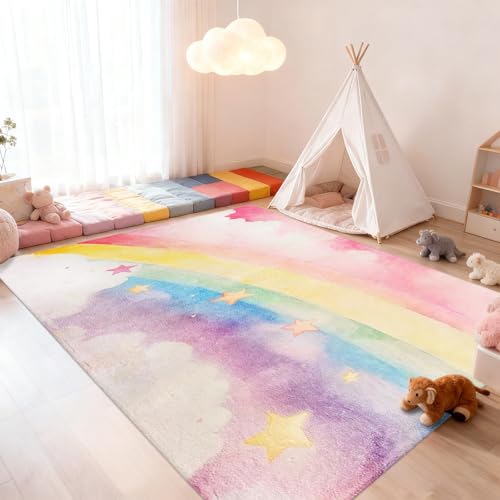 Image of ABREEZE Kids Rainbow Rug Play Mat Ultra Soft Rugs for Kids Room, 5'x6.6' Non Slip Multi Color Children Nursery Rug Baby Area Rug Girls Carpet for Bedroom Decor Playroom Living Room