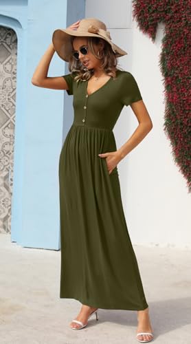 Image of GRECERELLE Womens Summer Long Maxi Dresses 2026 Short Sleeve V Neck Casual Button Dress with Pockets