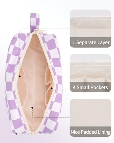 Image of Narwey Small Checkered Makeup Bag for Purse Travel Makeup Pouch Mini Cosmetic Bag Zipper Pouch for Women (Purple Checkerboard, Small)