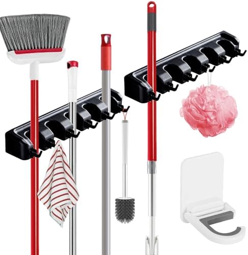 Broom Holder Wall Mount, 2 Packs Black Wall Hanging Garden Tool & Black-2p