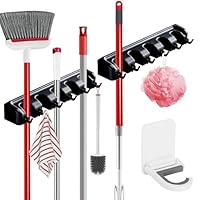 Broom Holder Wall Mount, 2 Packs Heavy Duty Cleaning Supplies Organizer, Garden Tool & Utility Closet with Hook, Mop & Broom Hook Wall Mounted for Bathroom, Garage, Kitchen, Laundry (Black-2pcs)