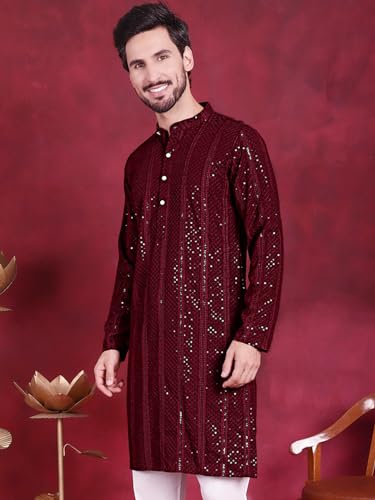 Image of Jompers Men's Regular Fit Rayon Sequins Chikankari Embroidered Kurtas