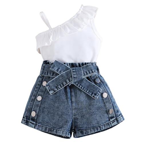 Kids Girls Summer 2 Piece Denim Outfits Sleeveless One Shoulder Ruffle Hem Tops + Trendy Jean Shorts Set