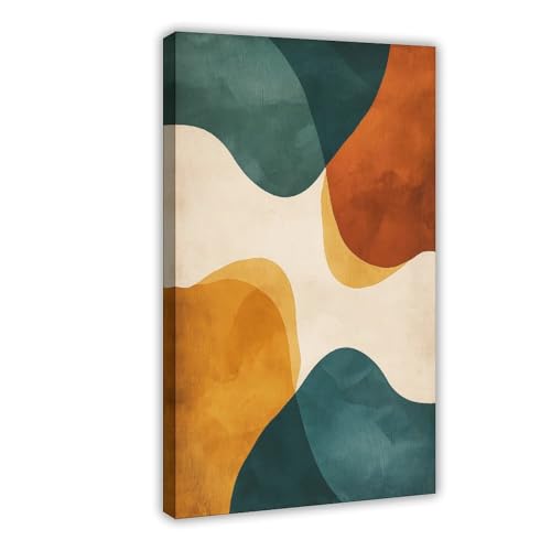 Framed Mid Century Abstract Wall Art, Teal Rust Mustard Organic