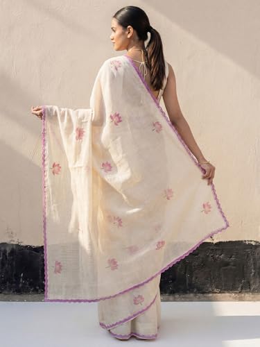 Image of AKHILAM Women's Shimmer Off White Chanderi Cotton Floral Hand Paint Embroidered Lace work Saree With Unstitched Blouse Piece | saree for woman | Designer Saree for Women | Soft and Skin Friendly