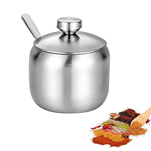 Pot à Sucre en Acier Inoxydable avec Couvercle Bol à Sucre avec Couvercle et Cuillère à Sucre Sucrier Inox avec Couvercle et Cuillère Pot à épices Rond en Acier...
