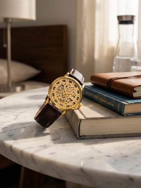 Image of Men's Skeleton Automatic Mechanical Watch - Gold Transparent Dial with Roman Numerals & Brown Crocodile Leather Strap Wrist Watch for Men