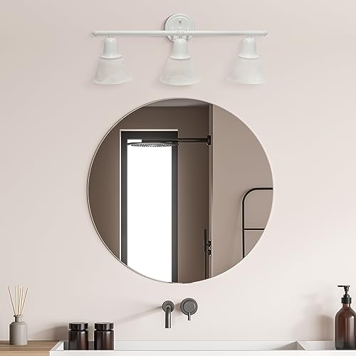 Image of Simple Designs VT1027-WHT 26.5 inch Classic 3 Light Straight Metal Bar and Frosted Marble White Bell Shape Glass Shades Decorative Wall Mounted Vanity Fixture for Bathroom, Entryway, Hallway, White