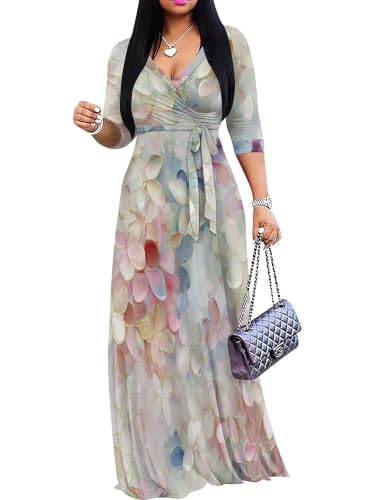 Image of SUZONANA Plus Size Dresses for Women Floral Print Maxi Dress Flowy 3 /4 Sleeve with Belt