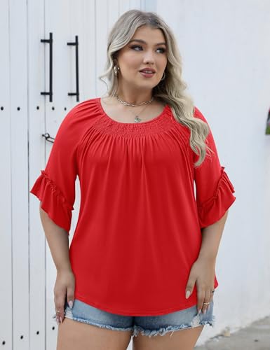 Image of Micoson Womens Plus Size Tops 3 /4 Ruffle Sleeve Crewneck Pleated Shirts