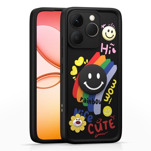 Image of Pikkme Back Cover for Realme 15T 5G / Realme Narzo 90 5G | Soft Silicone| Cute Rainbow Smile & 3D Cartoon Flower Design | Shockproof Raised Camera Protection Bumper Case (Black)