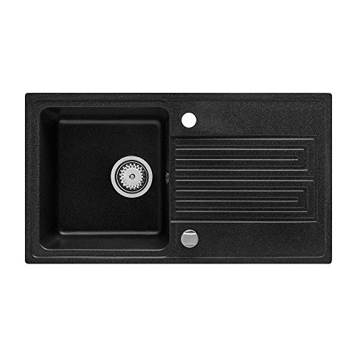 Granitspüle Küchenspüle Einbauspüle 44x78 cm Abtropffläche Einzelbecken Küche Verbundspüle schwarz gesprenkelt + Drexexcenter + Ablaufgarnitur