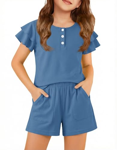 Arshiner Kids Clothes Girls 2 Piece Outfits Summer Cute Ruffle Short Sleeve Shirts Round Neck Tops Shorts Set 7-8 Years